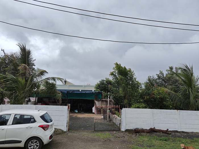 The entrance to Madhuvan Farm: an open gate in a white boundary wall, with coconut palms and a shaded shed behind it.